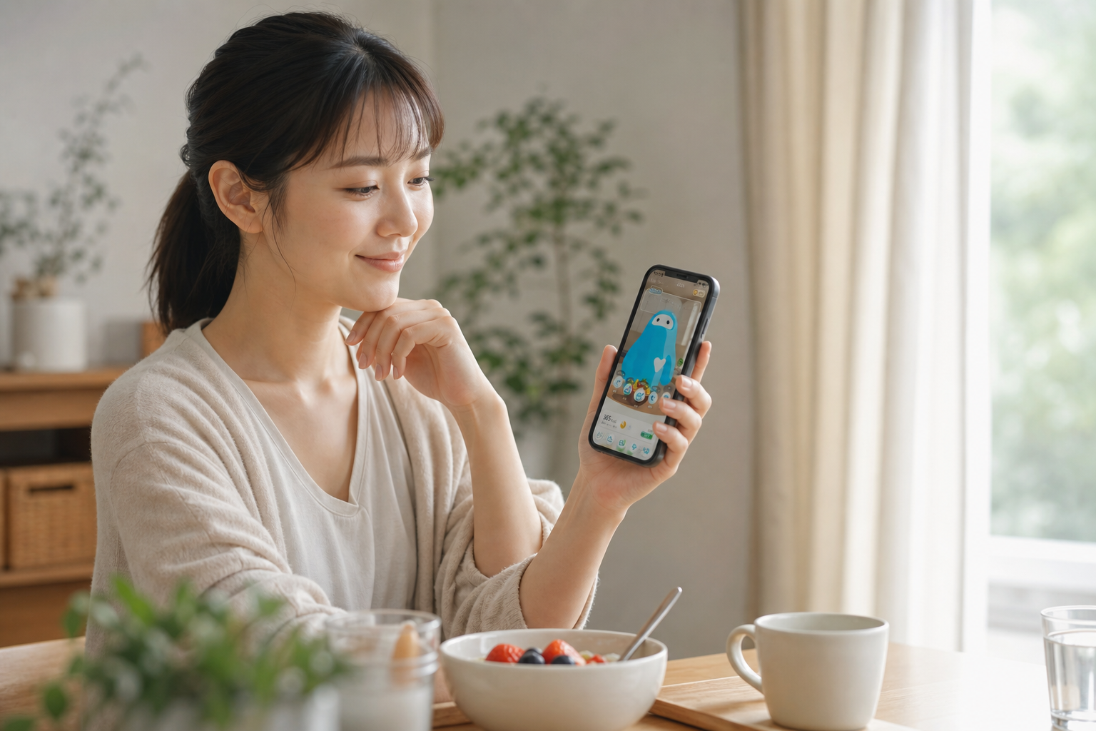 朝に健康アプリを確認する30〜50代のリラックスした人物