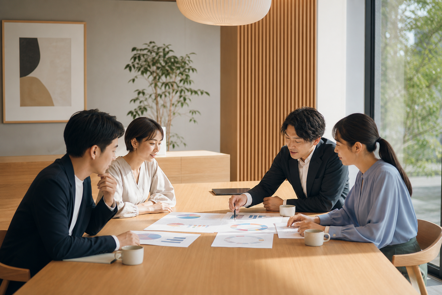 衛生委員会で集団分析結果をもとに職場改善計画を議論する人事チーム