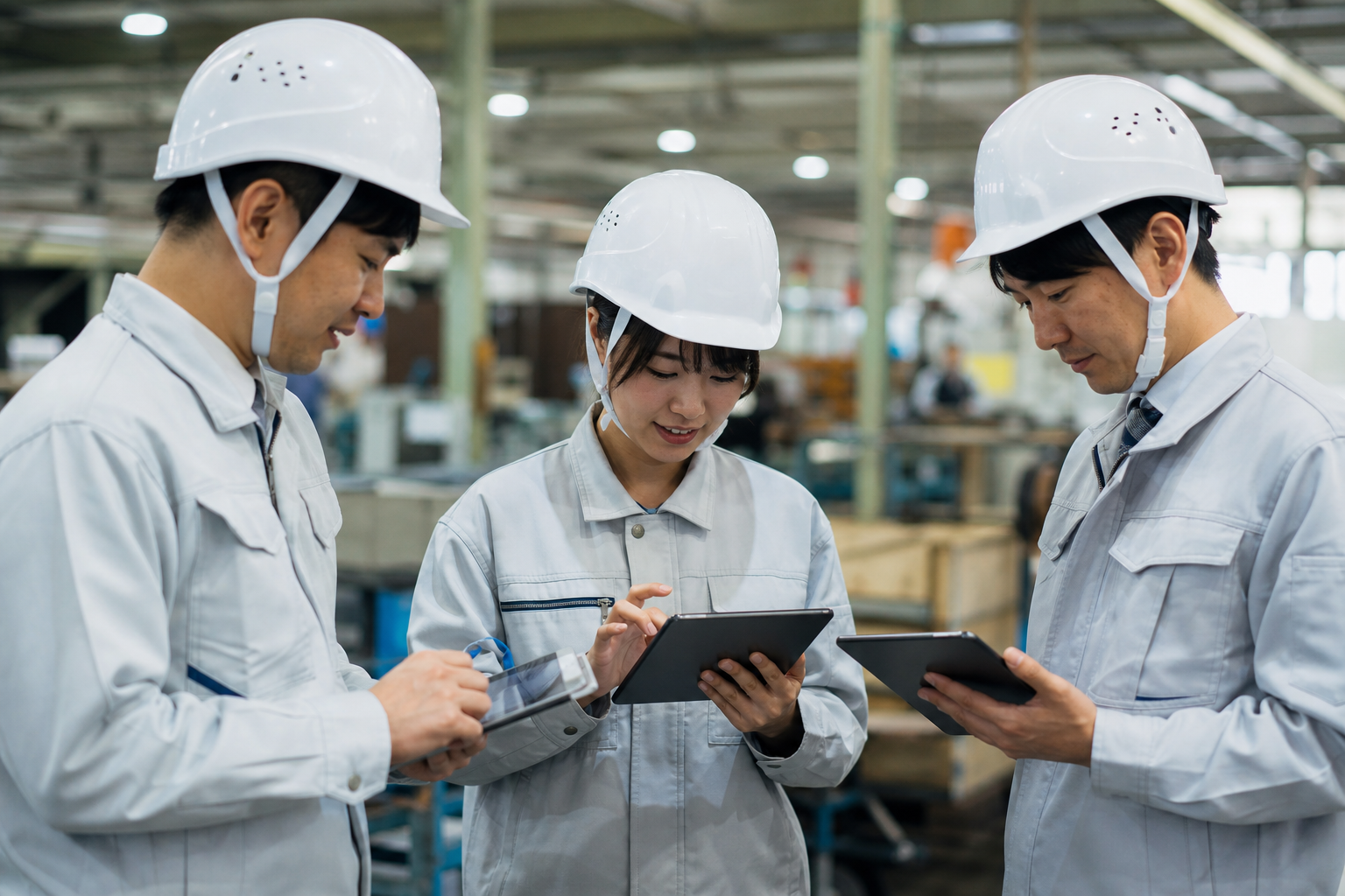 製造現場でタブレットを使いストレスチェックに回答する従業員たち