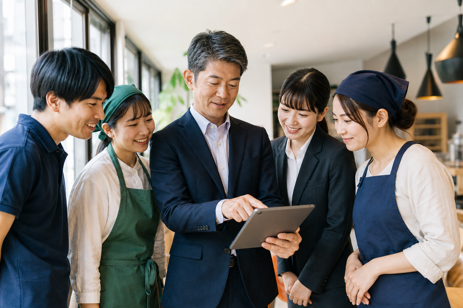 正社員・パート・外国人社員が混在する職場でタブレットを使い対象者リストを確認している場面