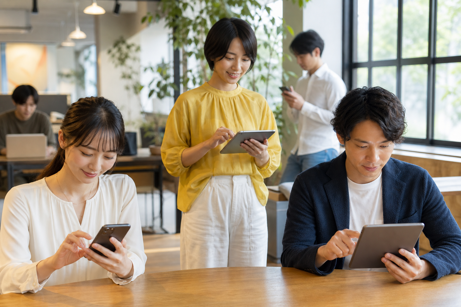 多様な従業員がスマートフォンでストレスチェックに回答している職場の様子