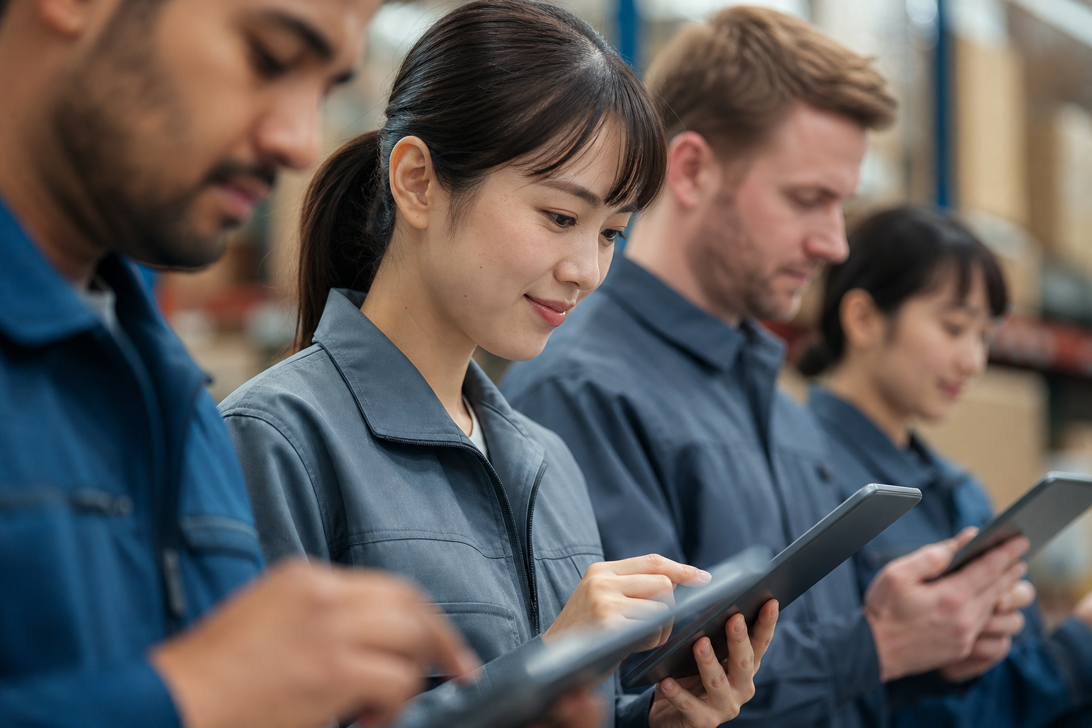物流倉庫で多国籍の従業員がタブレットでストレスチェックを受検している様子