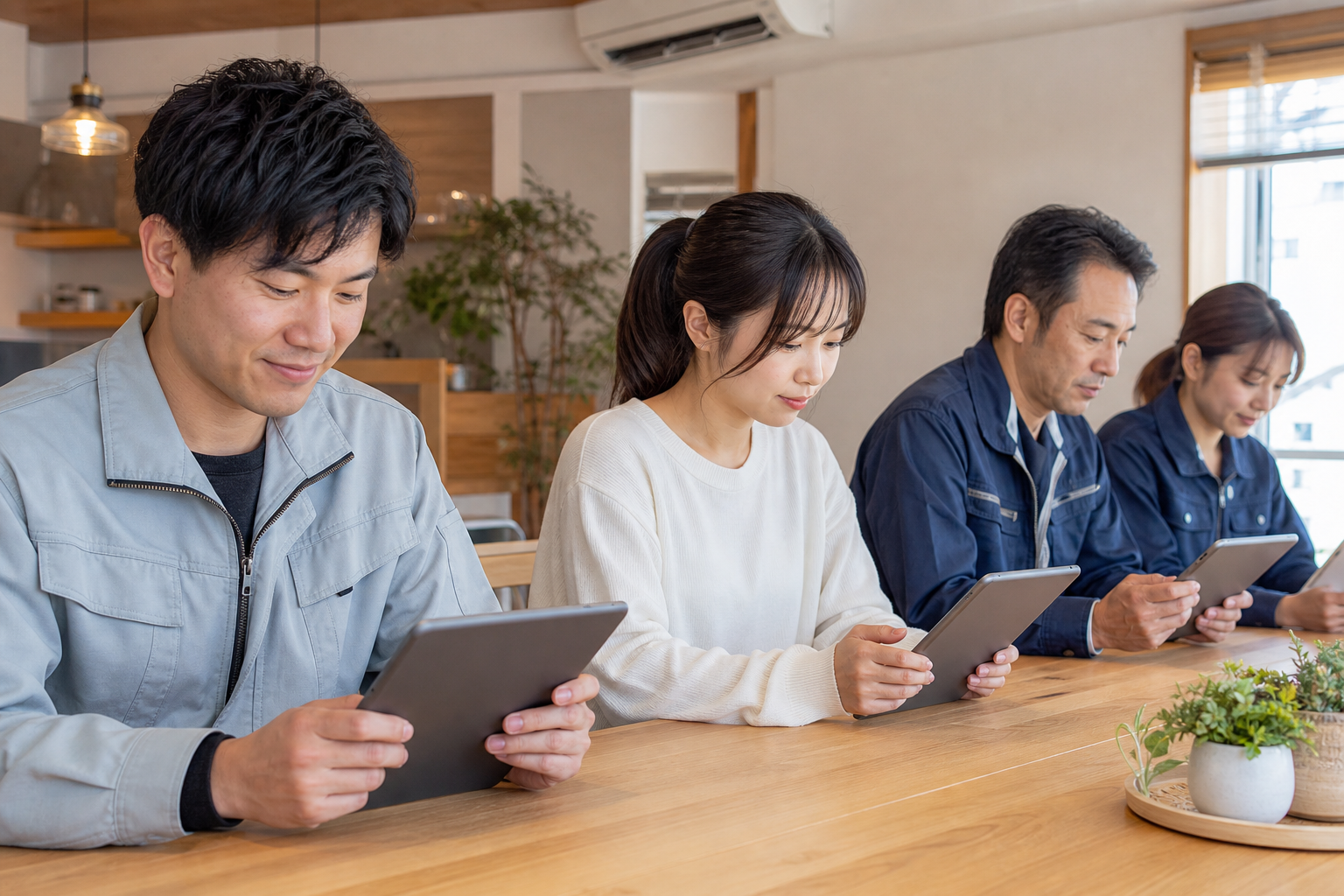 多様な従業員がタブレットで健康調査に回答している職場
