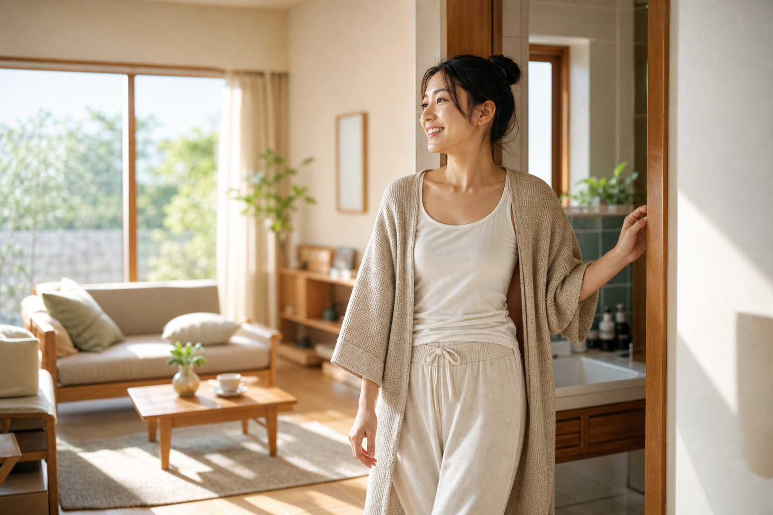 朝のバスルームから前向きに踏み出す生活シーンのイメージ