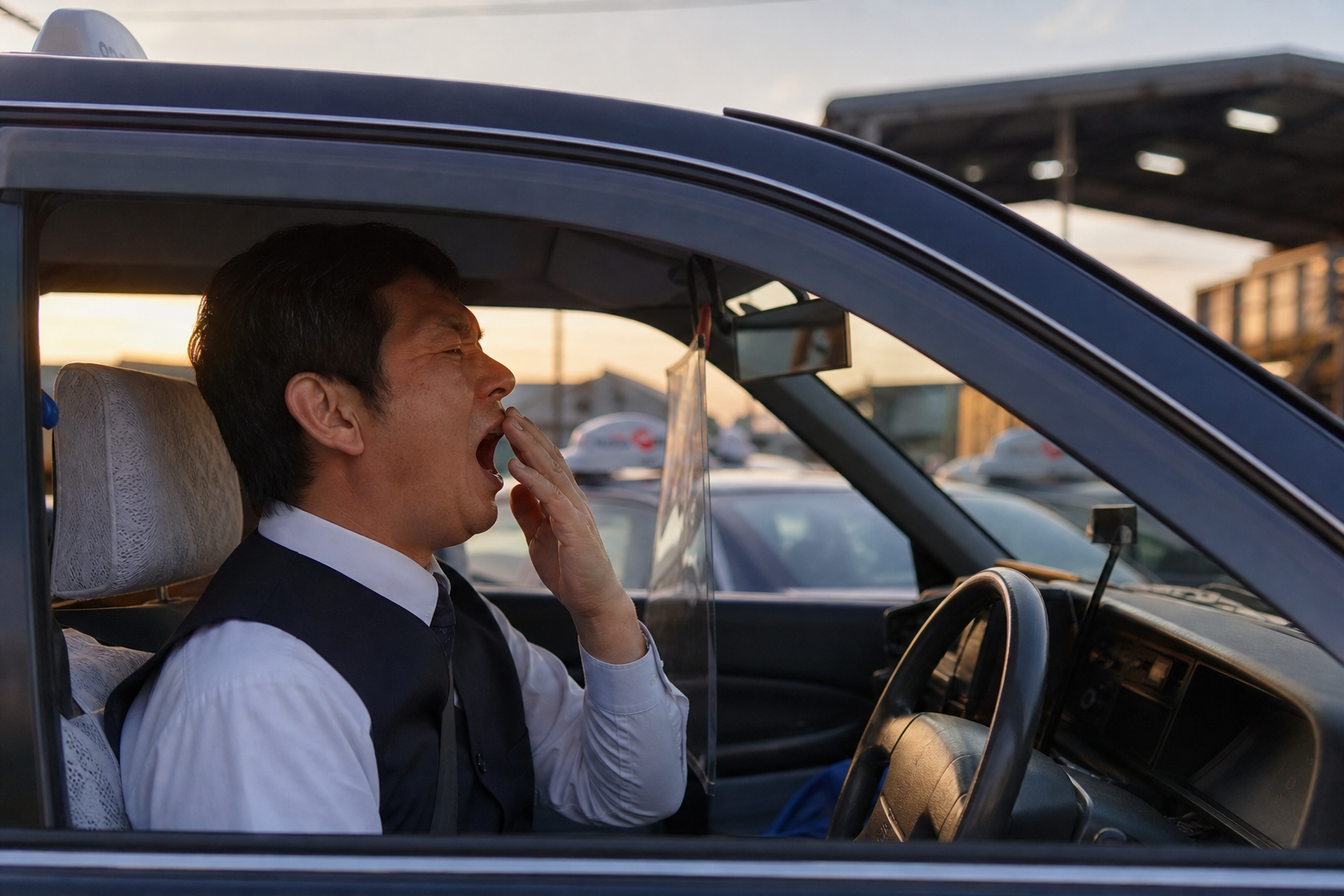 夜明けの営業所で出勤前にあくびをするタクシー運転手