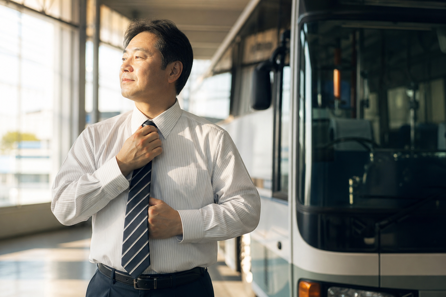 出庫前の健康チェックをする元気そうなバス運転手