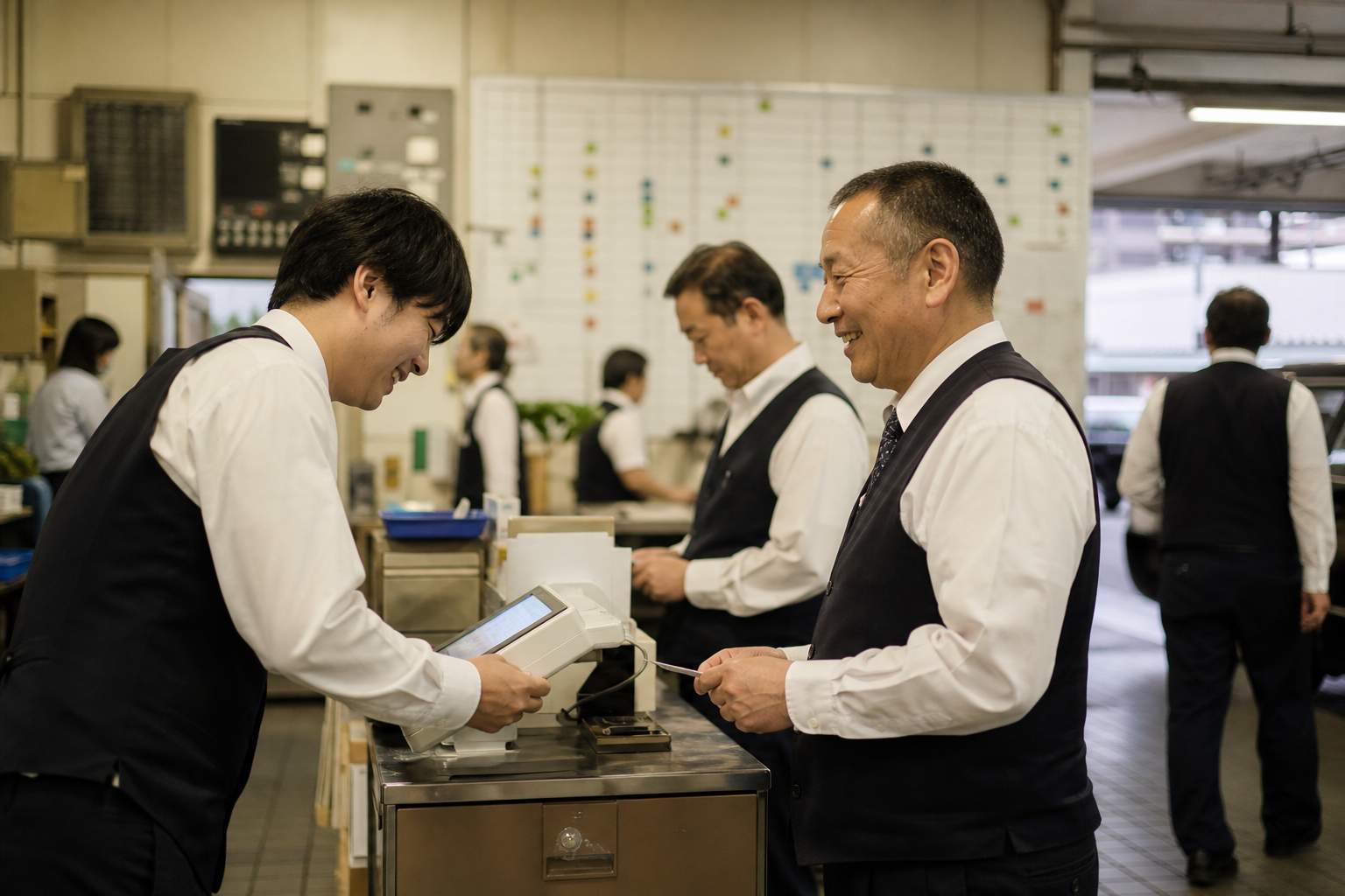 タクシー営業所で出勤確認をする運転手たち