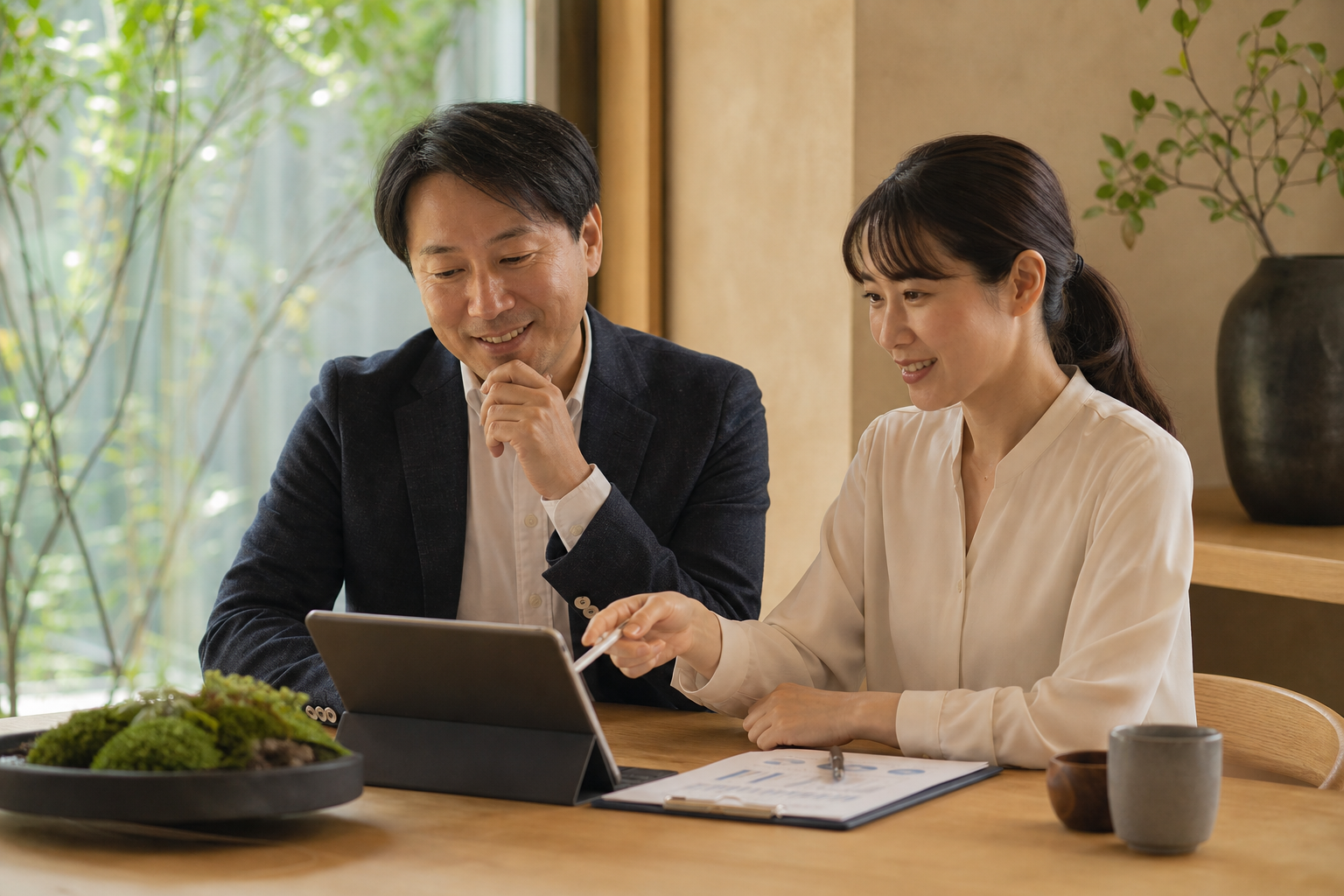 交通系企業の人事・安全担当が健康管理計画をデジタル画面で確認しながら話し合う