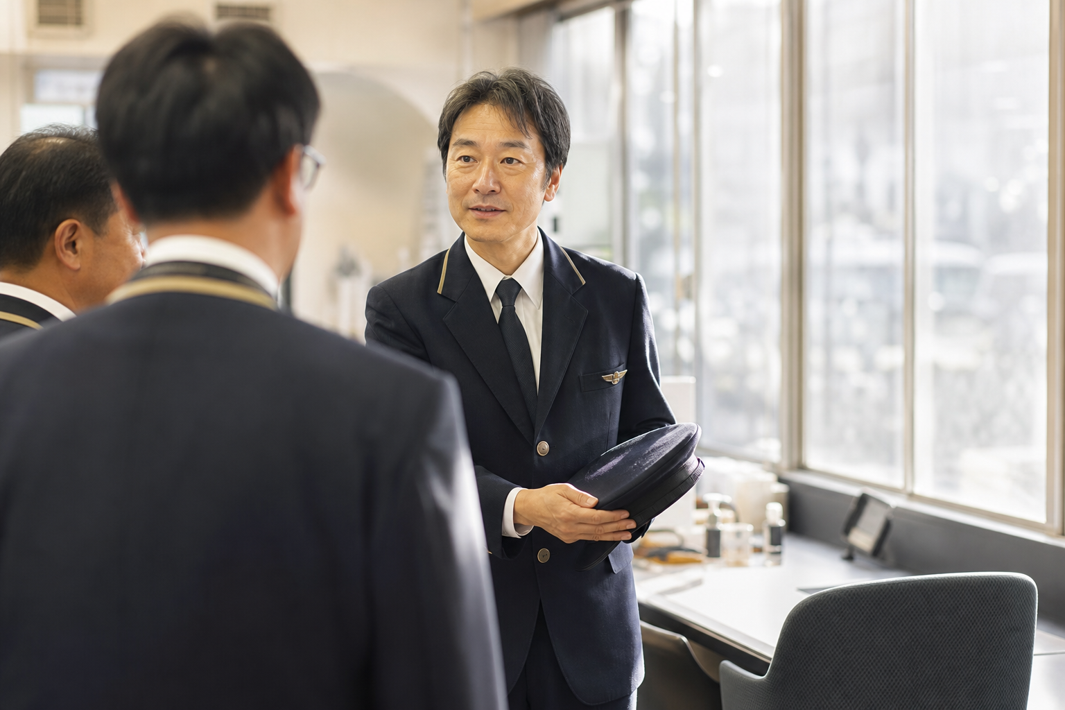 点呼を受けるタクシー運転手の朝の情景