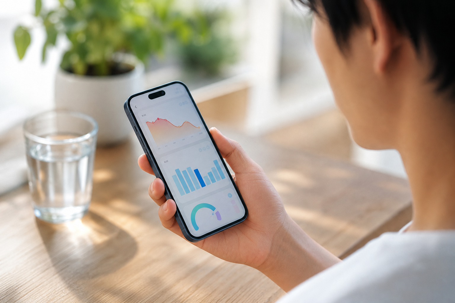 スマートフォンで内臓脂肪と睡眠スコアのトレンドを確認する手元のアップ