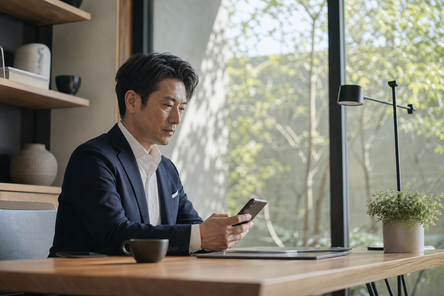 40代会社員が健康データをスマートフォンで確認している場面