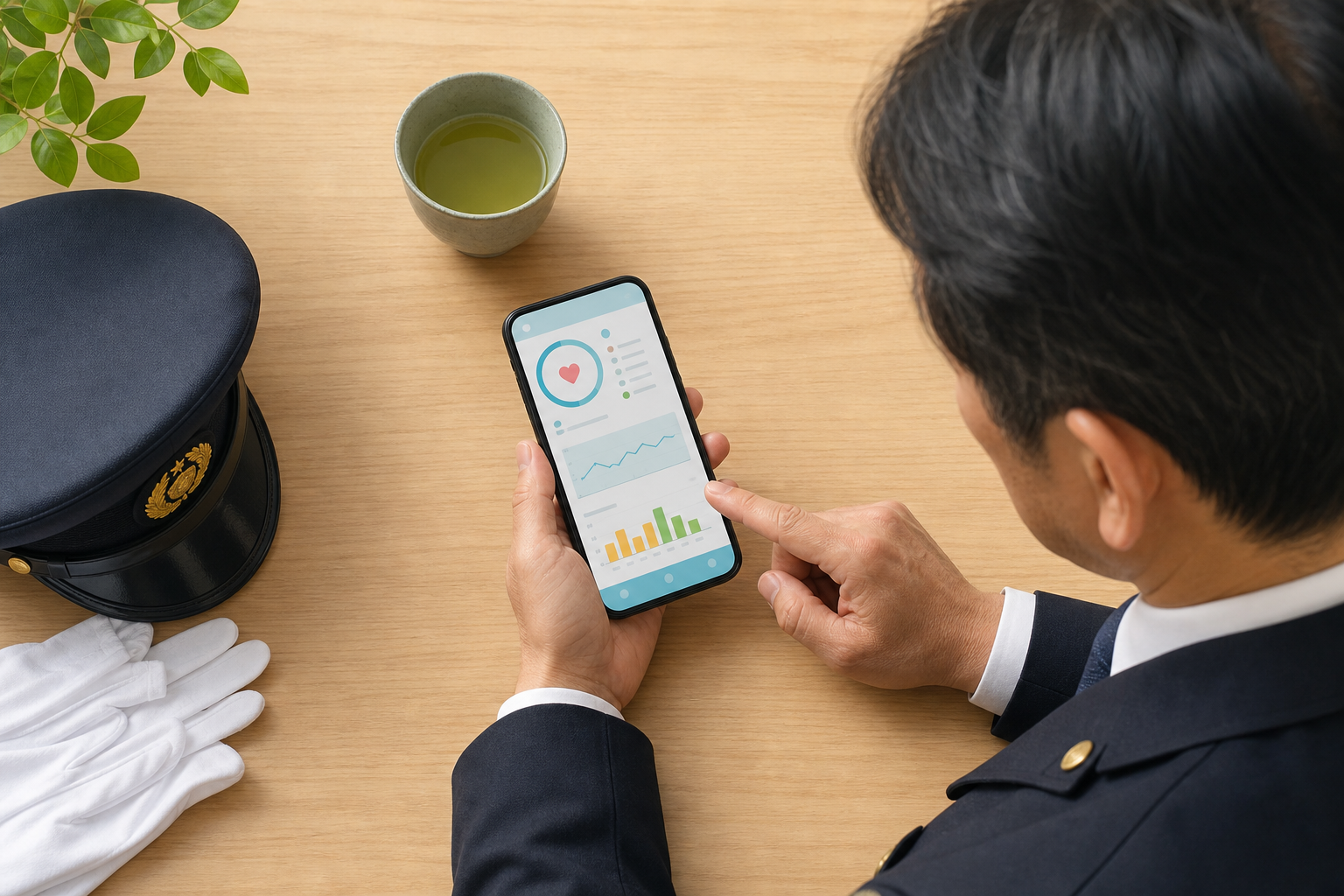 タクシー運転手がスマートフォンで健康アプリを確認している様子