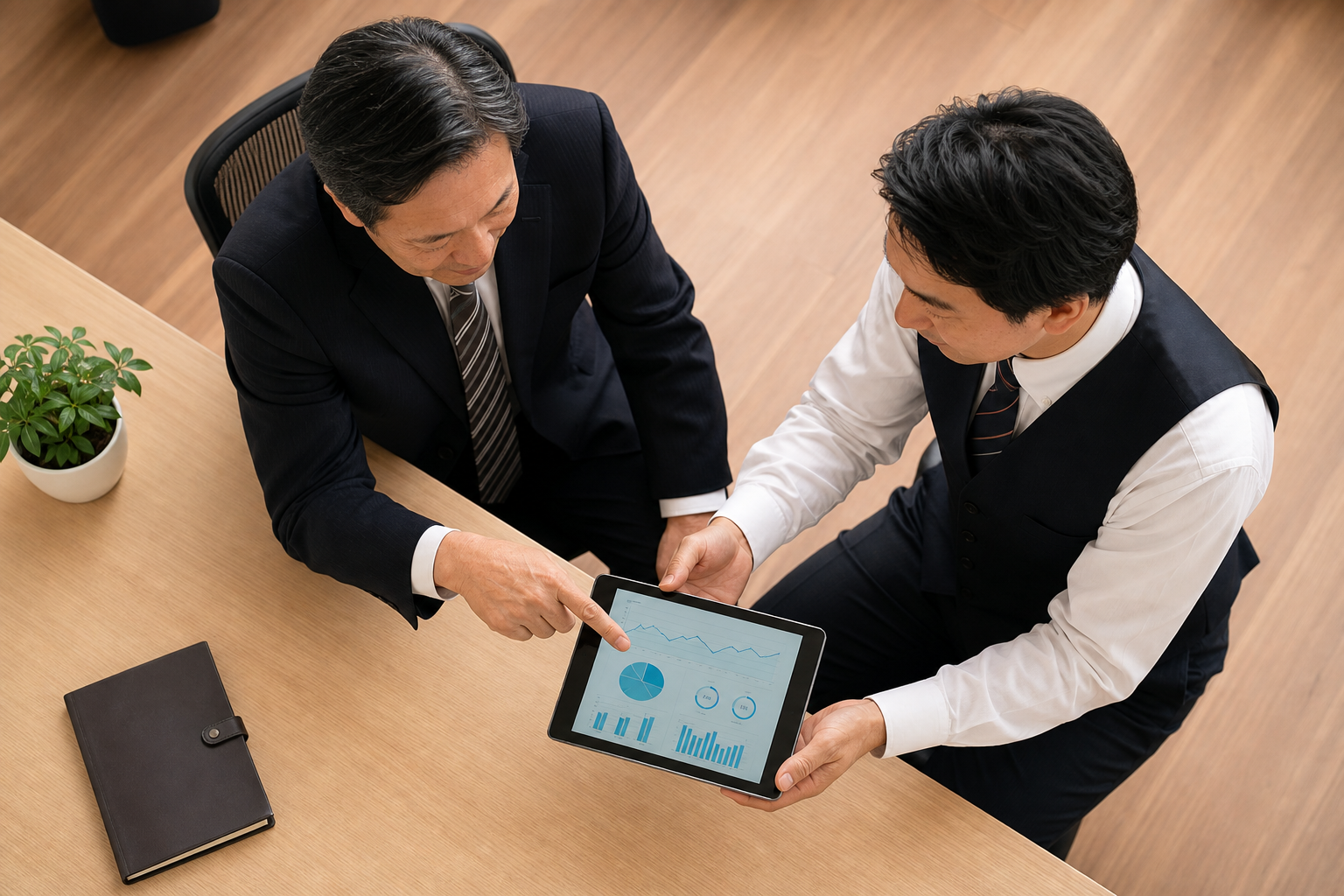 タクシー会社の管理者と運転手が健康データについて話し合っている様子