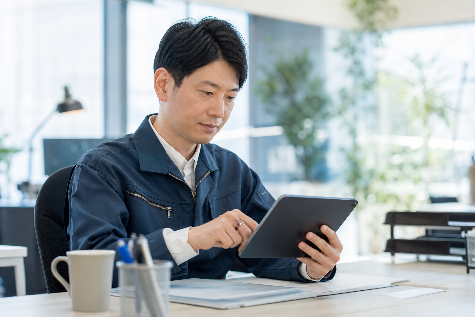 運行管理者がリングデバイスのデータをタブレットで確認している様子