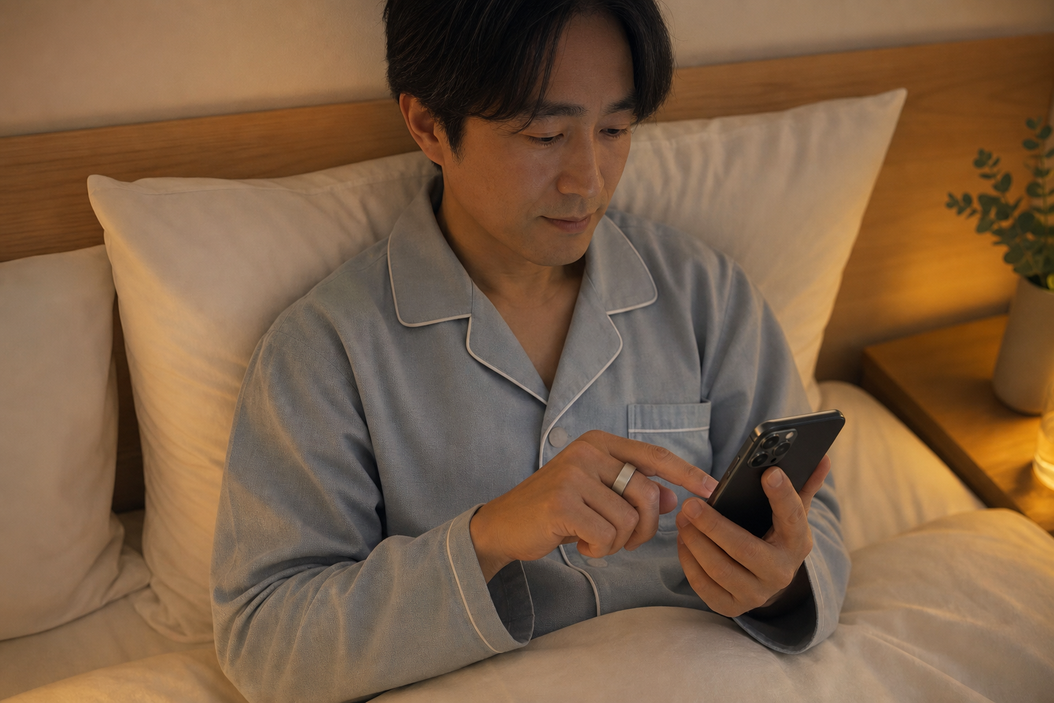 40代がスマートリングで睡眠データを確認するシーン