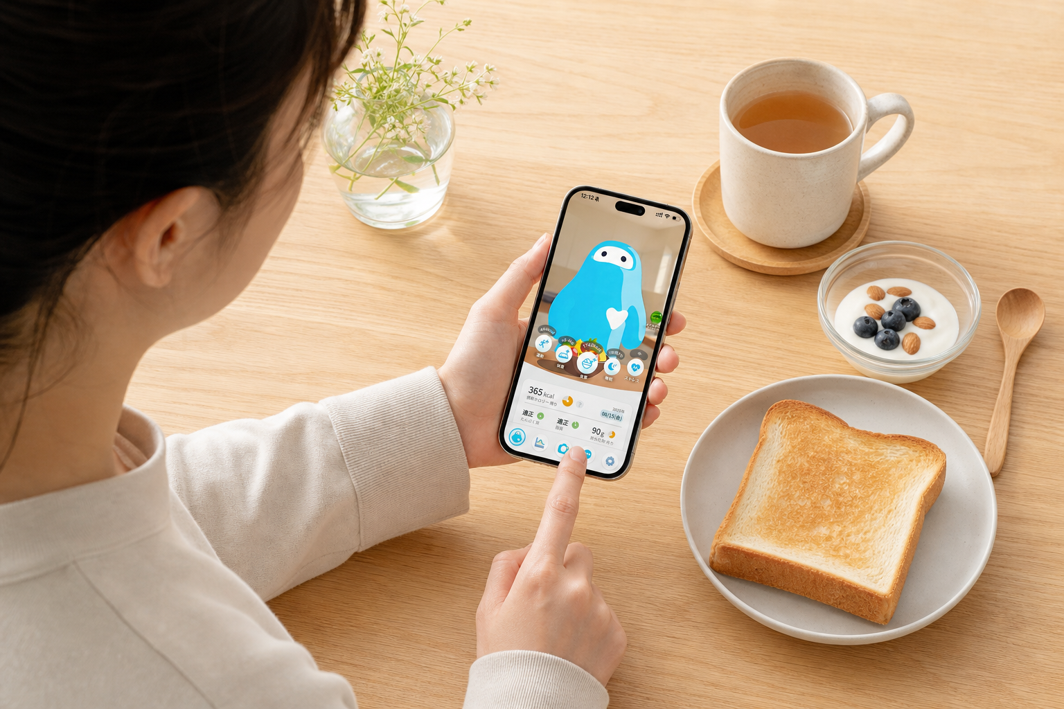 朝にスマートフォンで健康データを確認する人物の情景