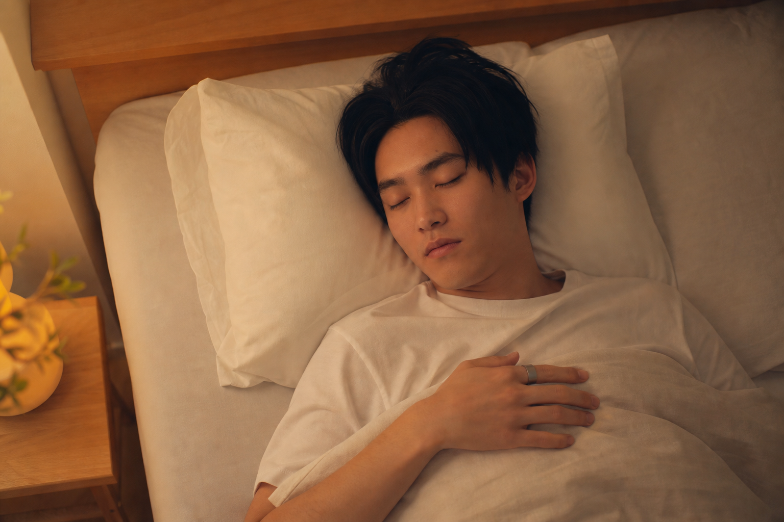 睡眠中にスマートリングを着けた人物の寝室シーン