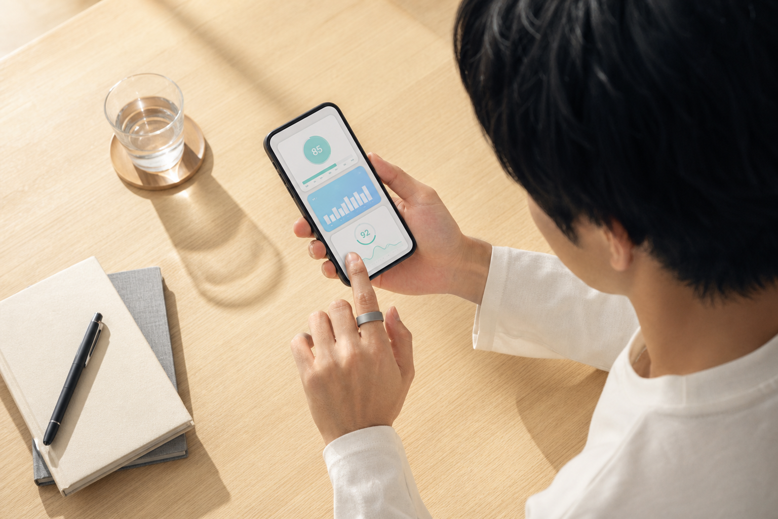 朝スマートフォンで睡眠スコアを確認している人物の情景