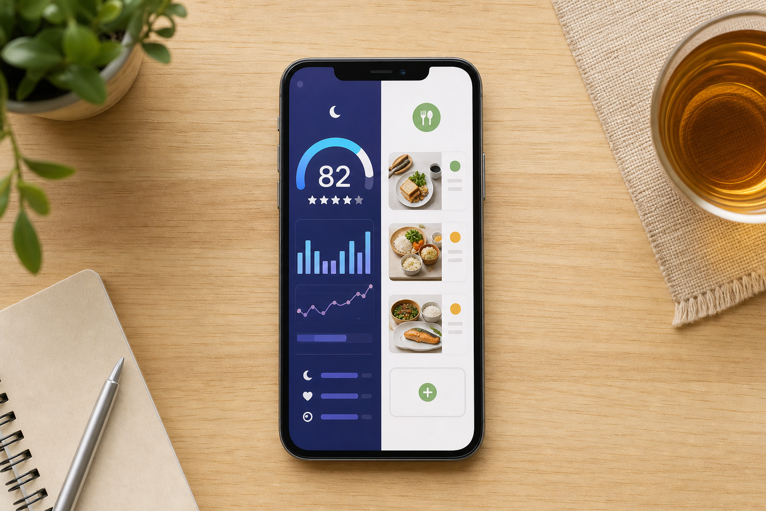 睡眠スコアと食事ログが並ぶスマートフォン画面の俯瞰
