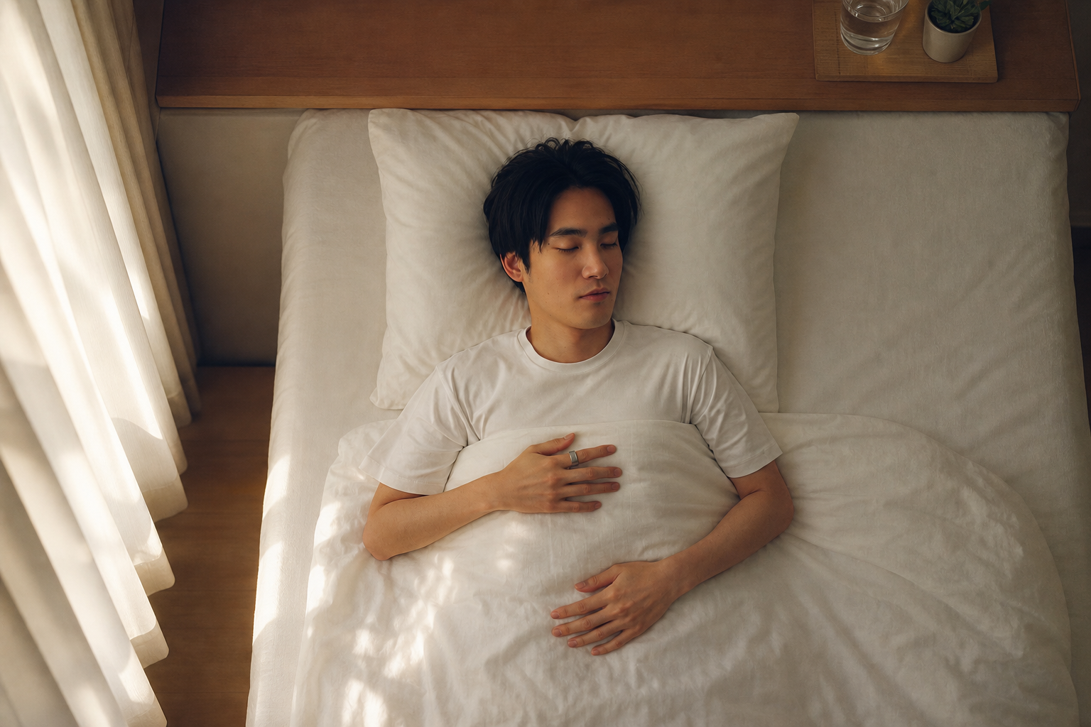 睡眠計測リングを着けて眠る人の朝の情景