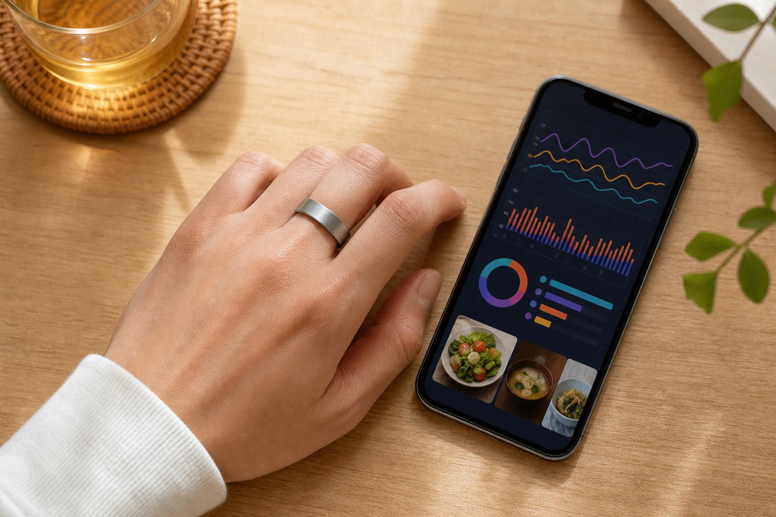 スマートリングとスマートフォンの健康グラフ・食事ログ画面のクローズアップ