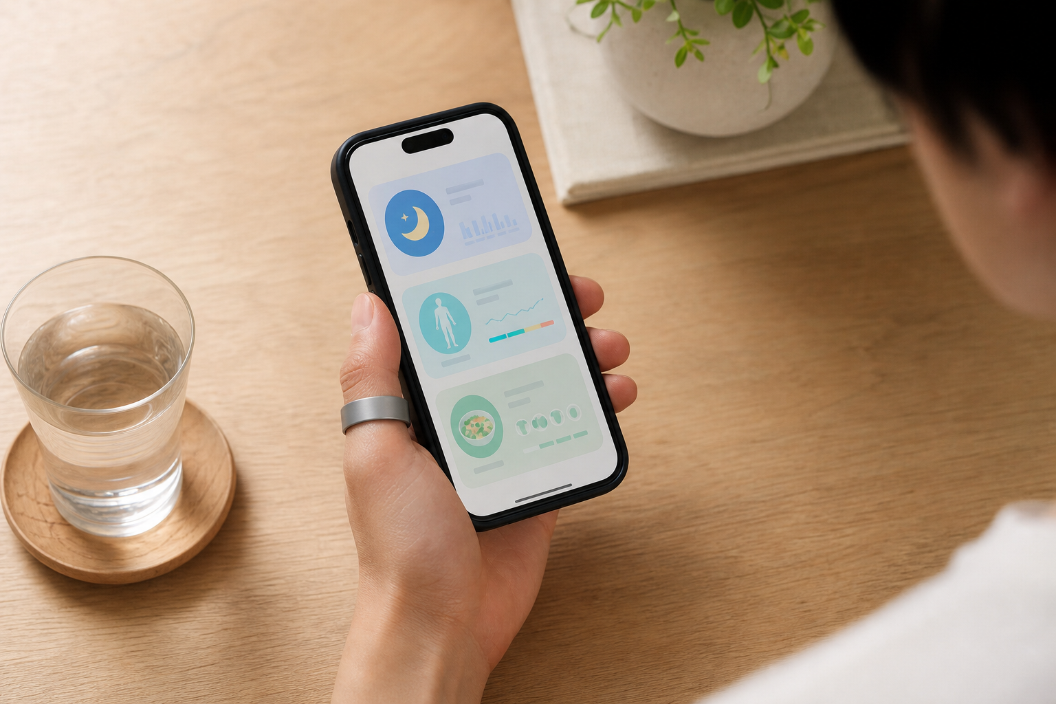 健康ダッシュボードを表示したスマートフォンを持つ手のアップ