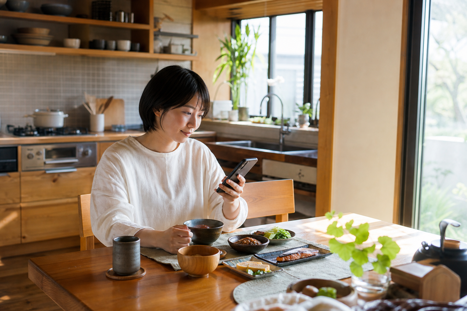 朝食と栄養管理アプリが並ぶ健やかな朝の食卓シーン