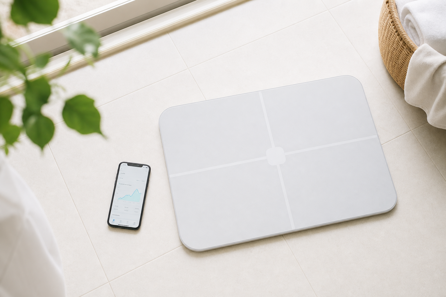 健康アプリのグラフとスマートバスマットの俯瞰フラットレイ