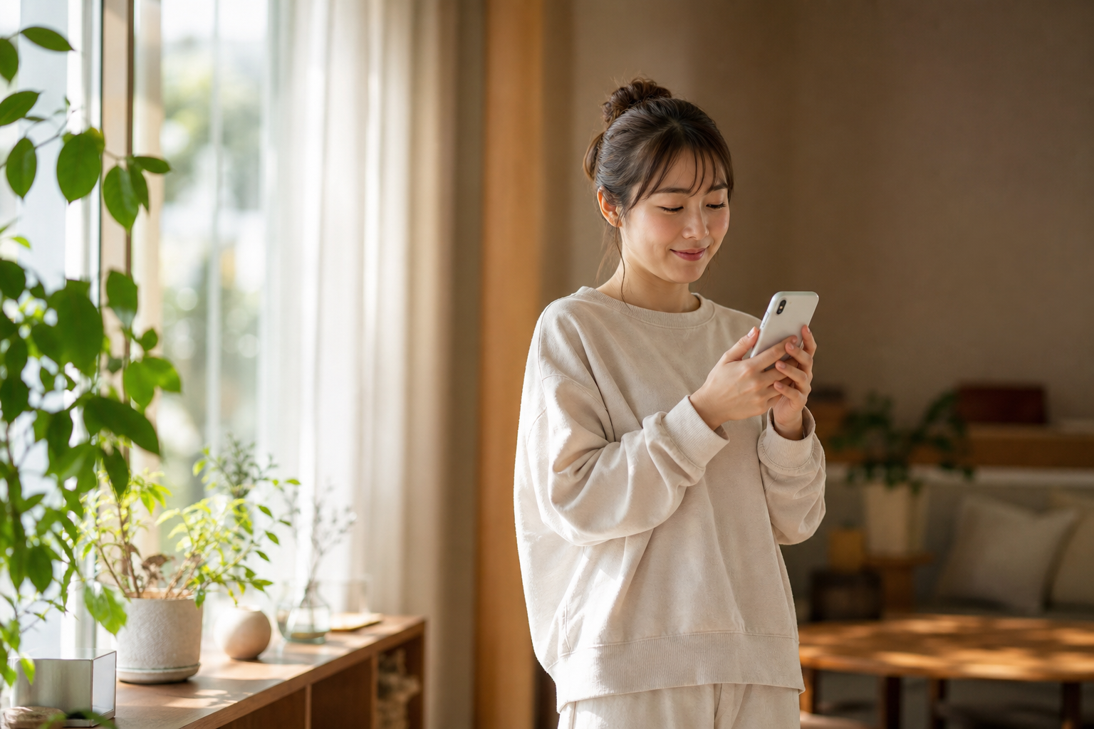 朝のルーティンで体重グラフを確認しながら前向きな気持ちになっている人物